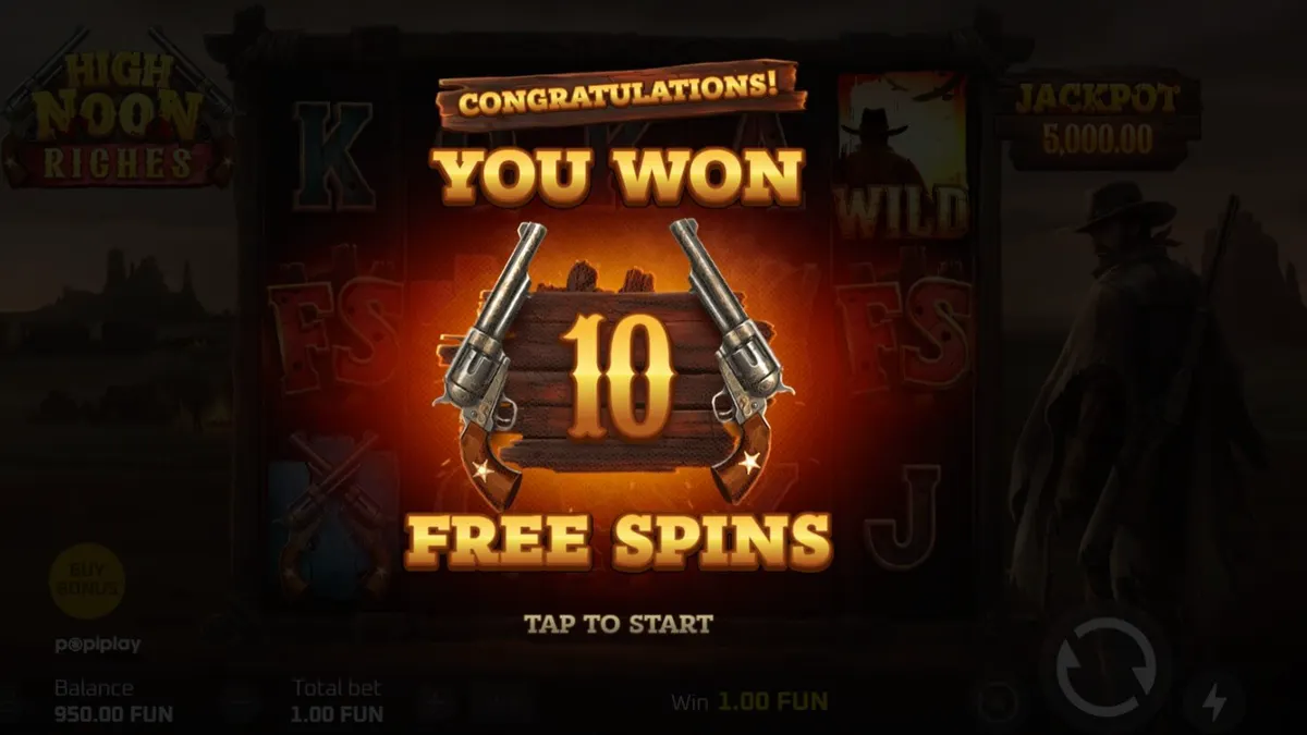 High Noon Riches slot machine game interface showing western theme symbols